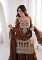 Lorenvalley Fashion Brown Soft Crunchy Silk Fabric with Embroidery Dori, Jari Work Kurta Palazzo with Dupatta - Distacart