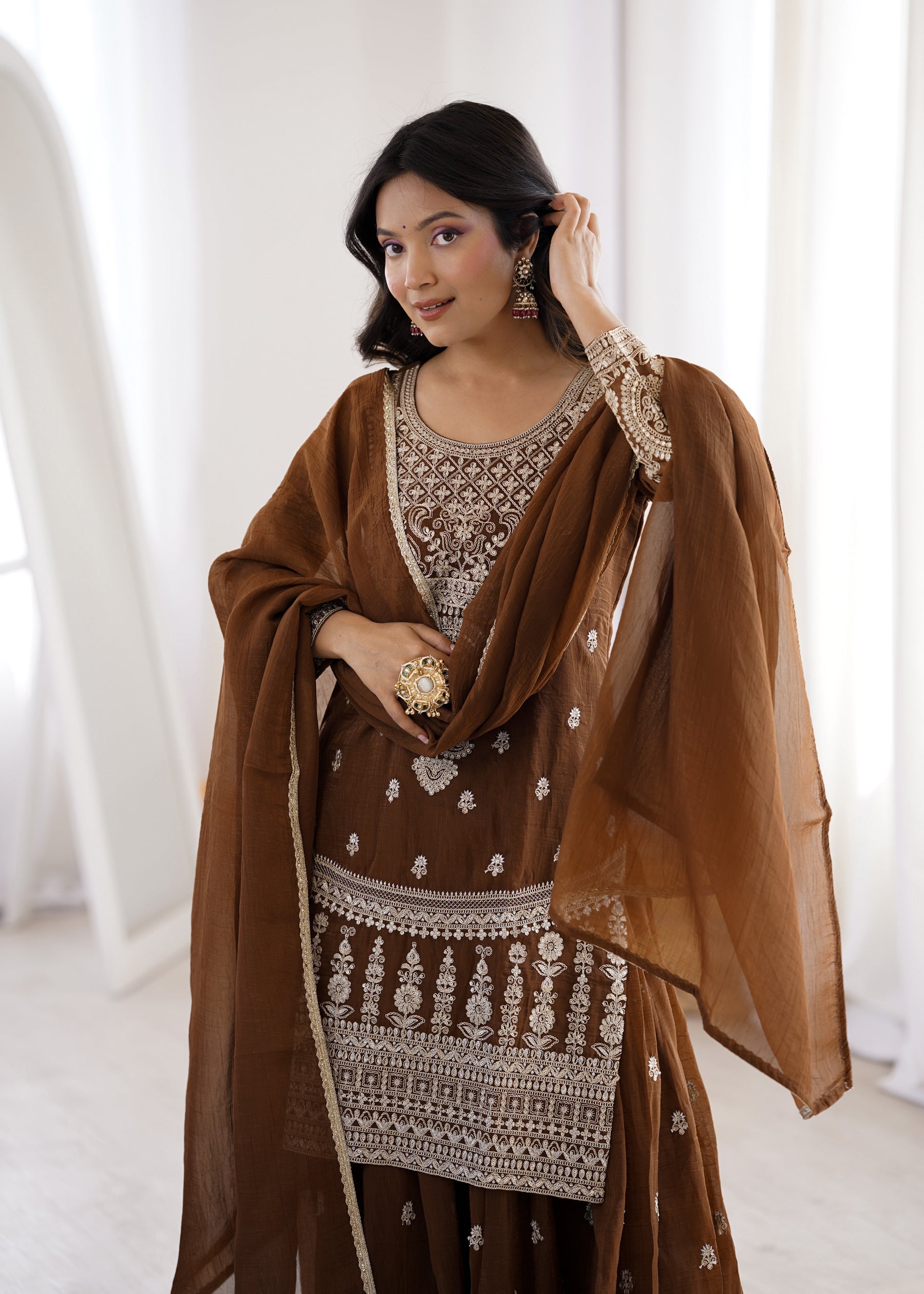 Lorenvalley Fashion Brown Soft Crunchy Silk Fabric with Embroidery Dori, Jari Work Kurta Palazzo with Dupatta - Distacart