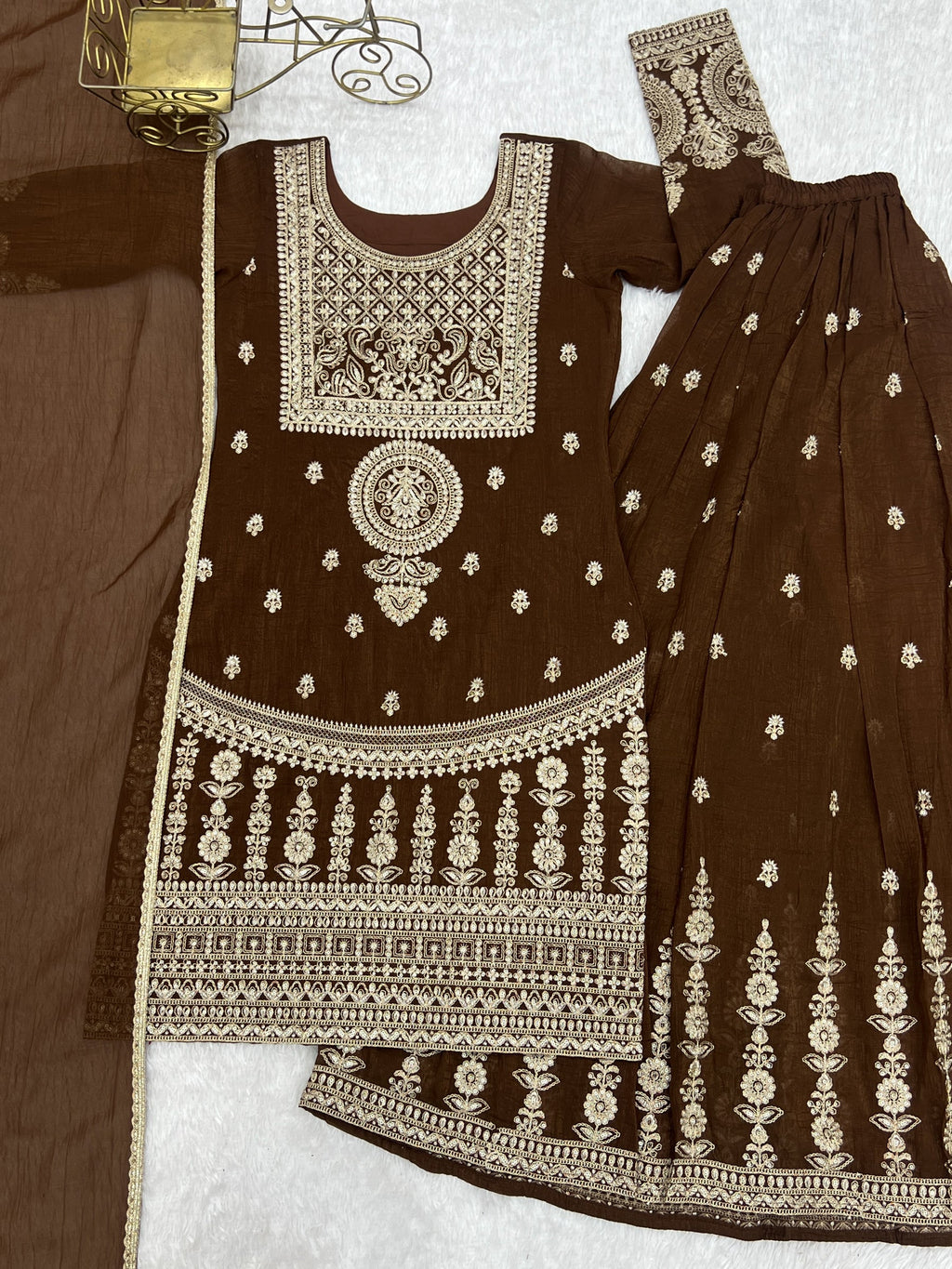 Lorenvalley Fashion Brown Soft Crunchy Silk Fabric with Embroidery Dori, Jari Work Kurta Palazzo with Dupatta - Distacart