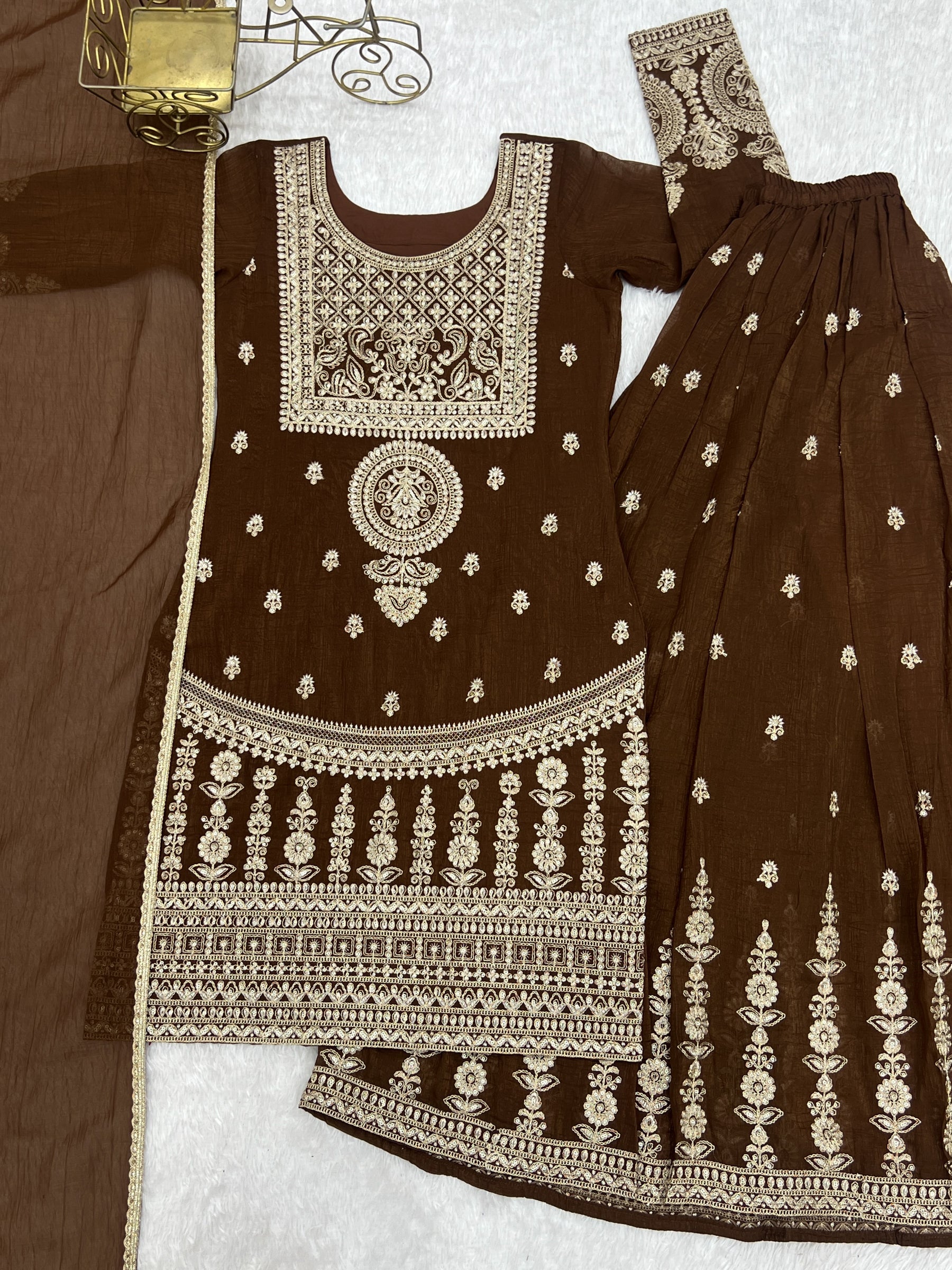 Lorenvalley Fashion Brown Soft Crunchy Silk Fabric with Embroidery Dori, Jari Work Kurta Palazzo with Dupatta - Distacart