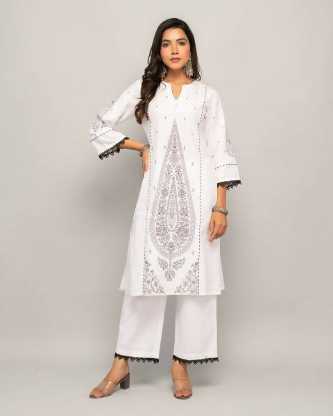 Indian Clothing FIORRA Women's White Cotton Straight Kurta Palazzo Set
