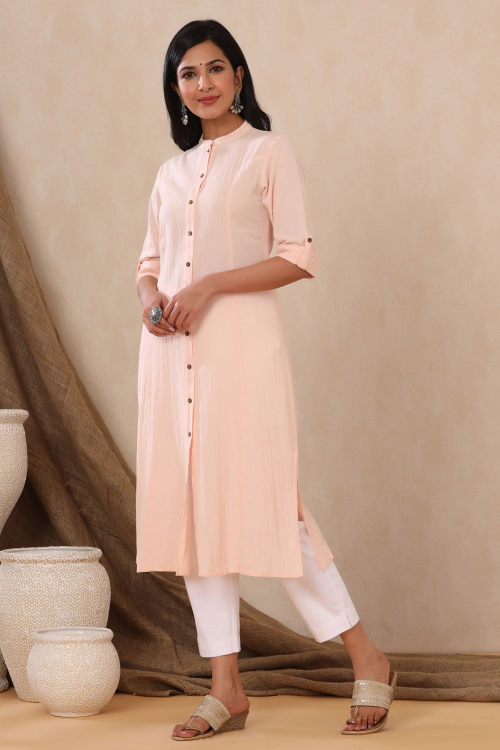 Juniper Womens Peach Cotton Flex Solid A-Line Kurta - Distacart