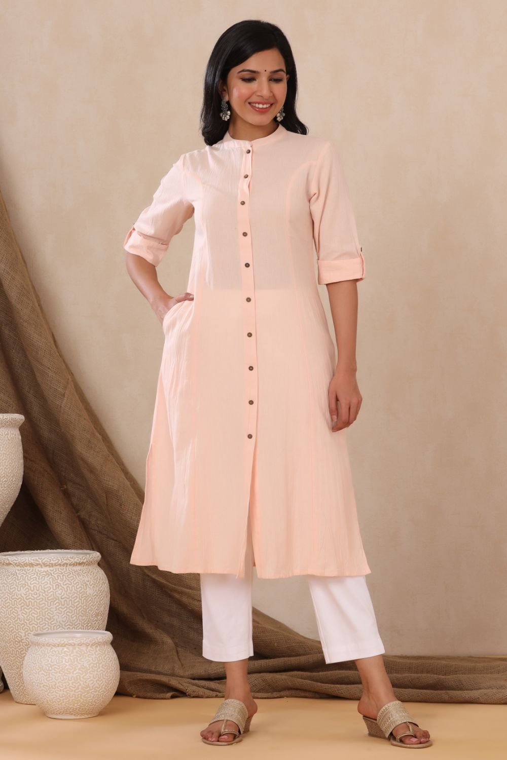 Juniper Womens Peach Cotton Flex Solid A-Line Kurta - Distacart