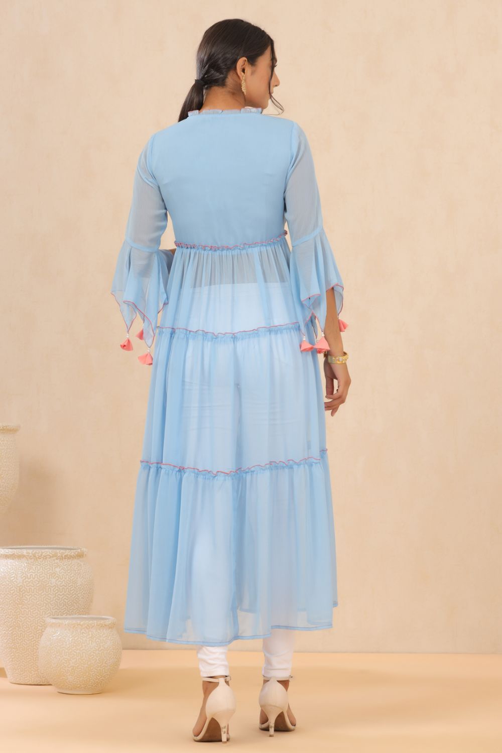 Juniper Womens Powderblue Chiffon Embroidered Tiered Kurta - Distacart