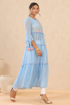 Juniper Womens Powderblue Chiffon Embroidered Tiered Kurta - Distacart