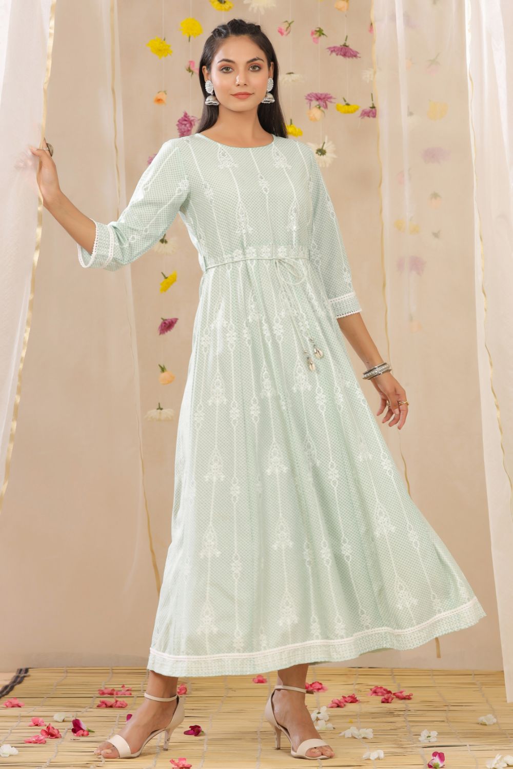 Juniper Womens Mint Rayon Gliter Printed Anarkali Dress - Distacart