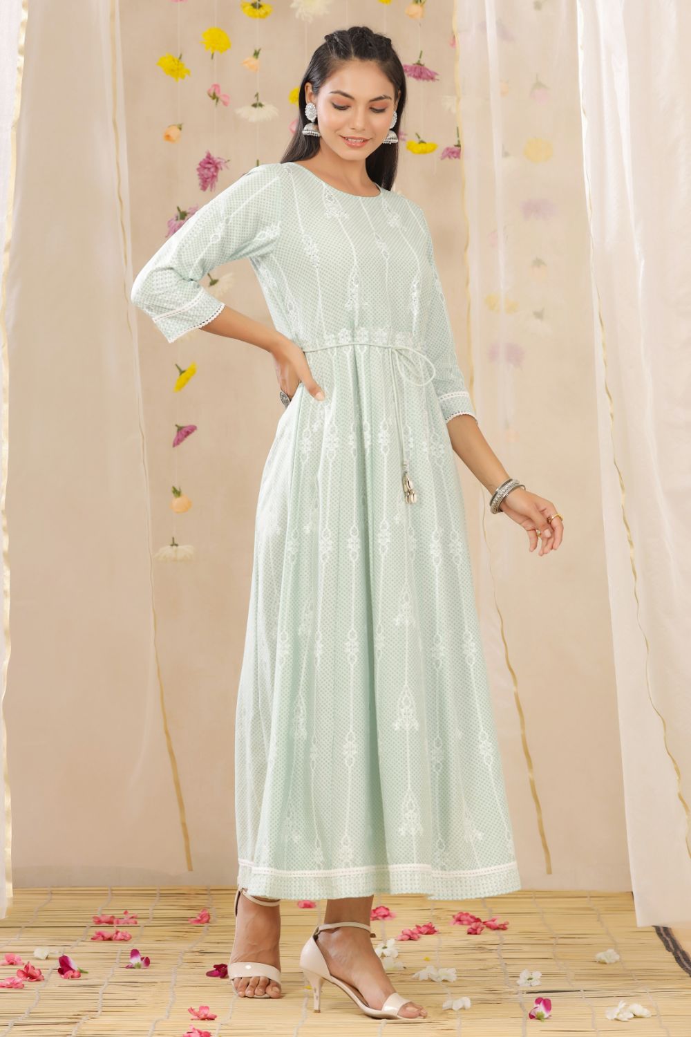 Juniper Womens Mint Rayon Gliter Printed Anarkali Dress - Distacart