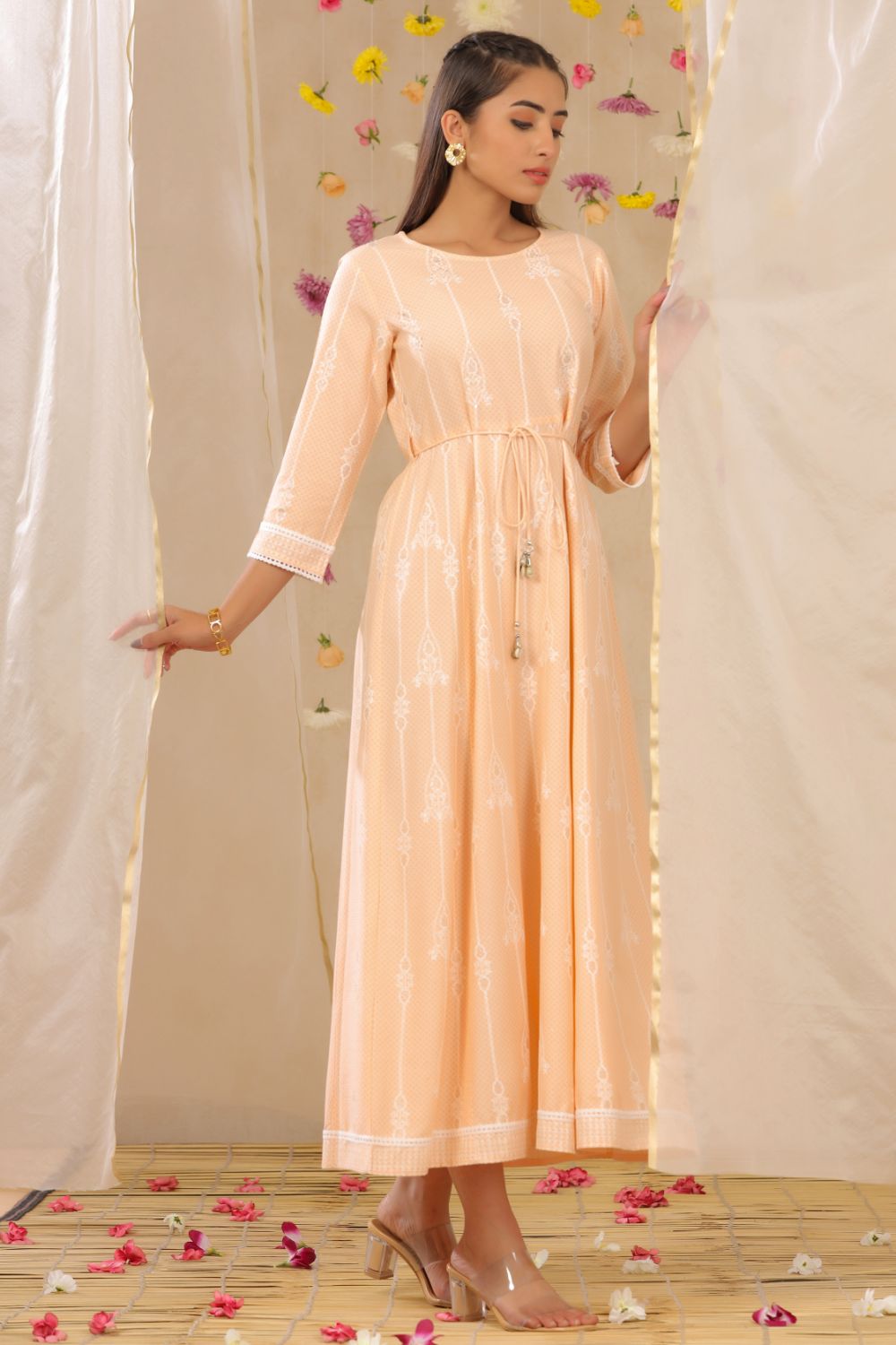 Juniper Womens Peach Rayon Gliter Printed Anarkali Dress - Distacart