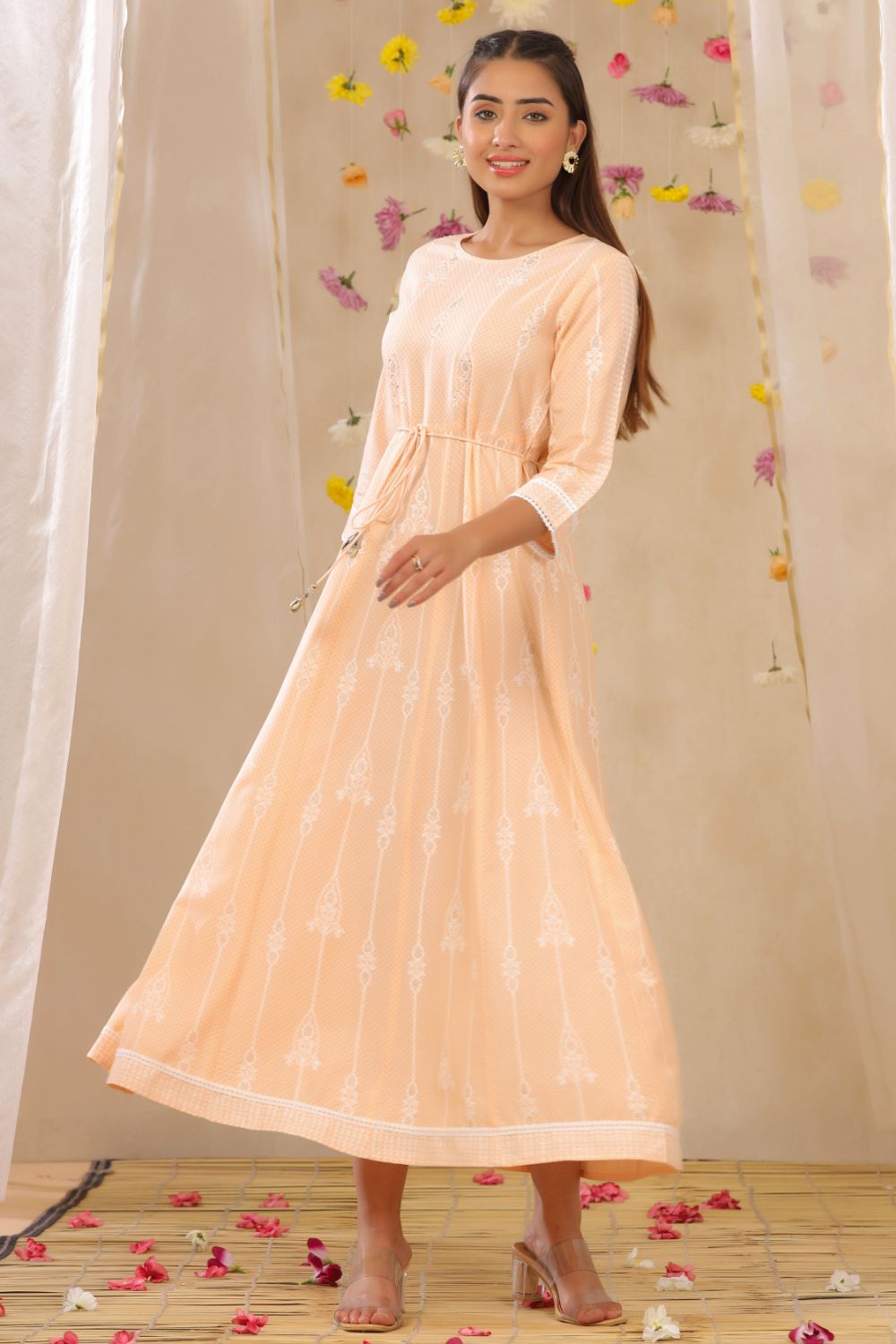 Juniper Womens Peach Rayon Gliter Printed Anarkali Dress - Distacart