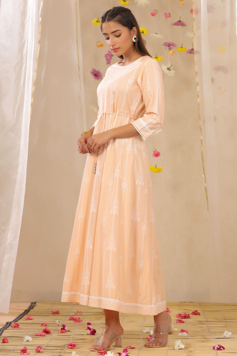 Juniper Womens Peach Rayon Gliter Printed Anarkali Dress - Distacart