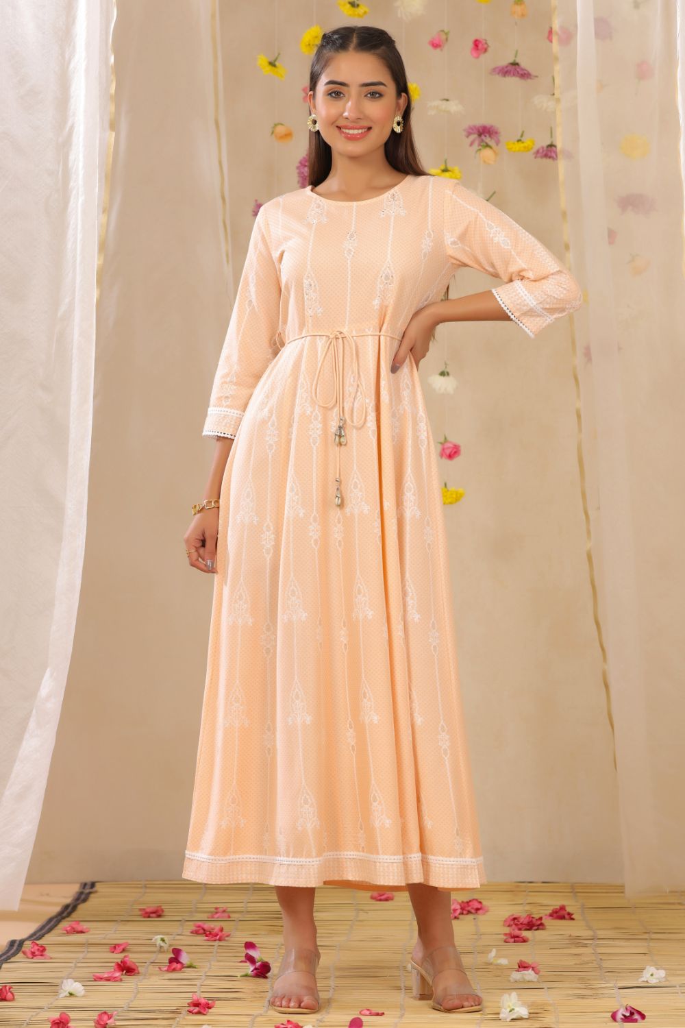 Juniper Womens Peach Rayon Gliter Printed Anarkali Dress - Distacart