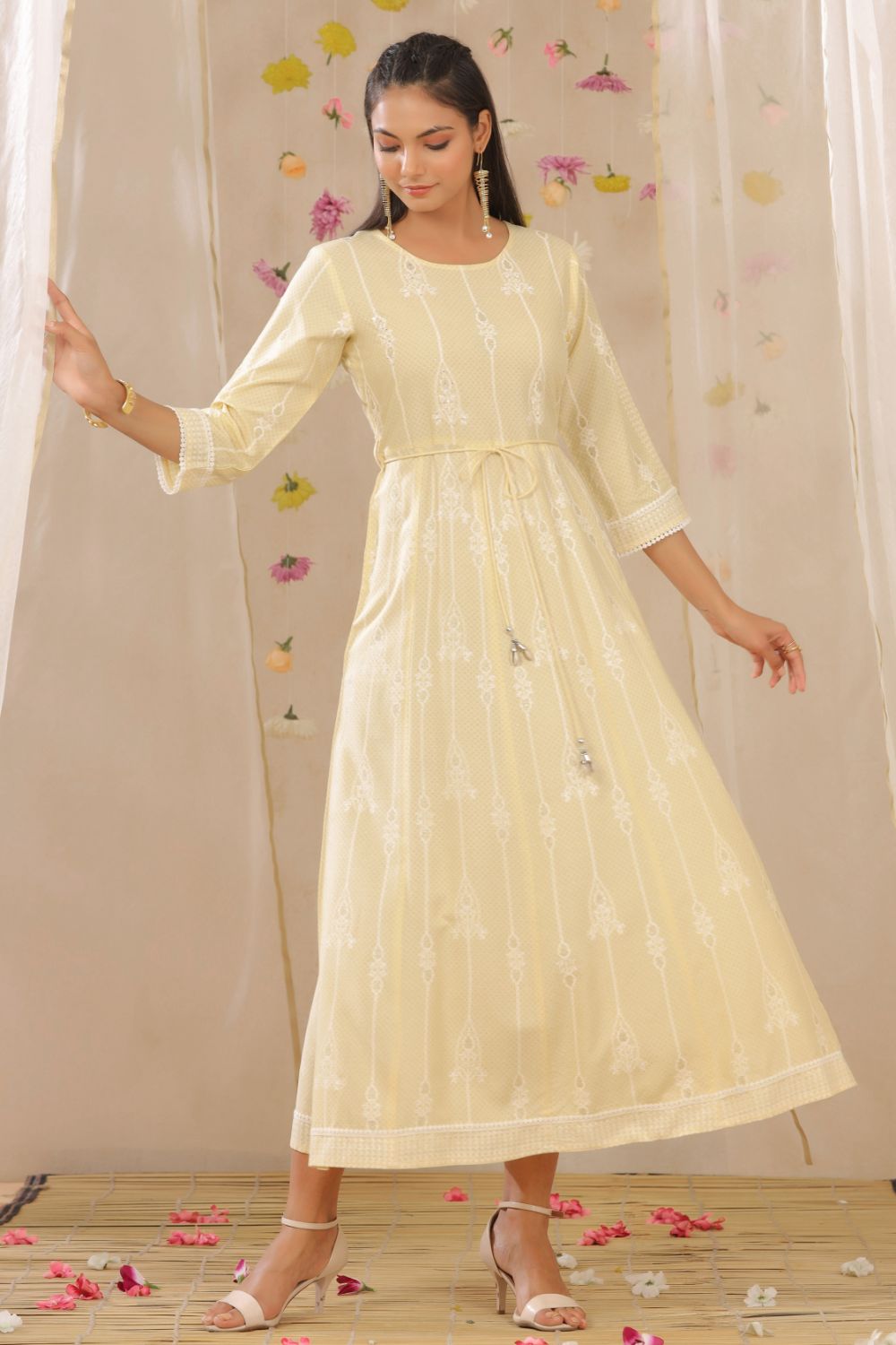 Juniper Womens Yellow Rayon Gliter Printed Anarkali Dress - Distacart