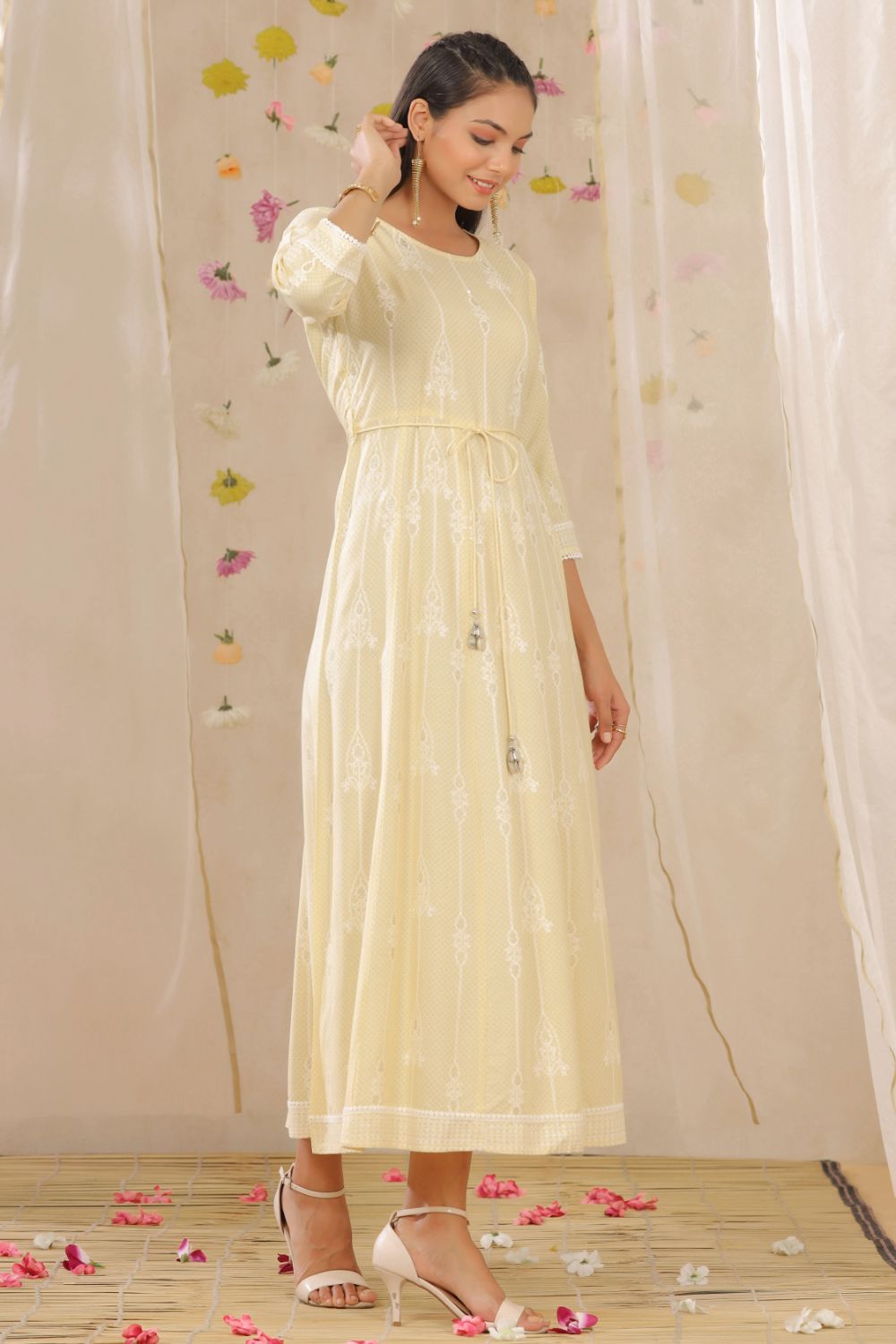 Juniper Womens Yellow Rayon Gliter Printed Anarkali Dress - Distacart