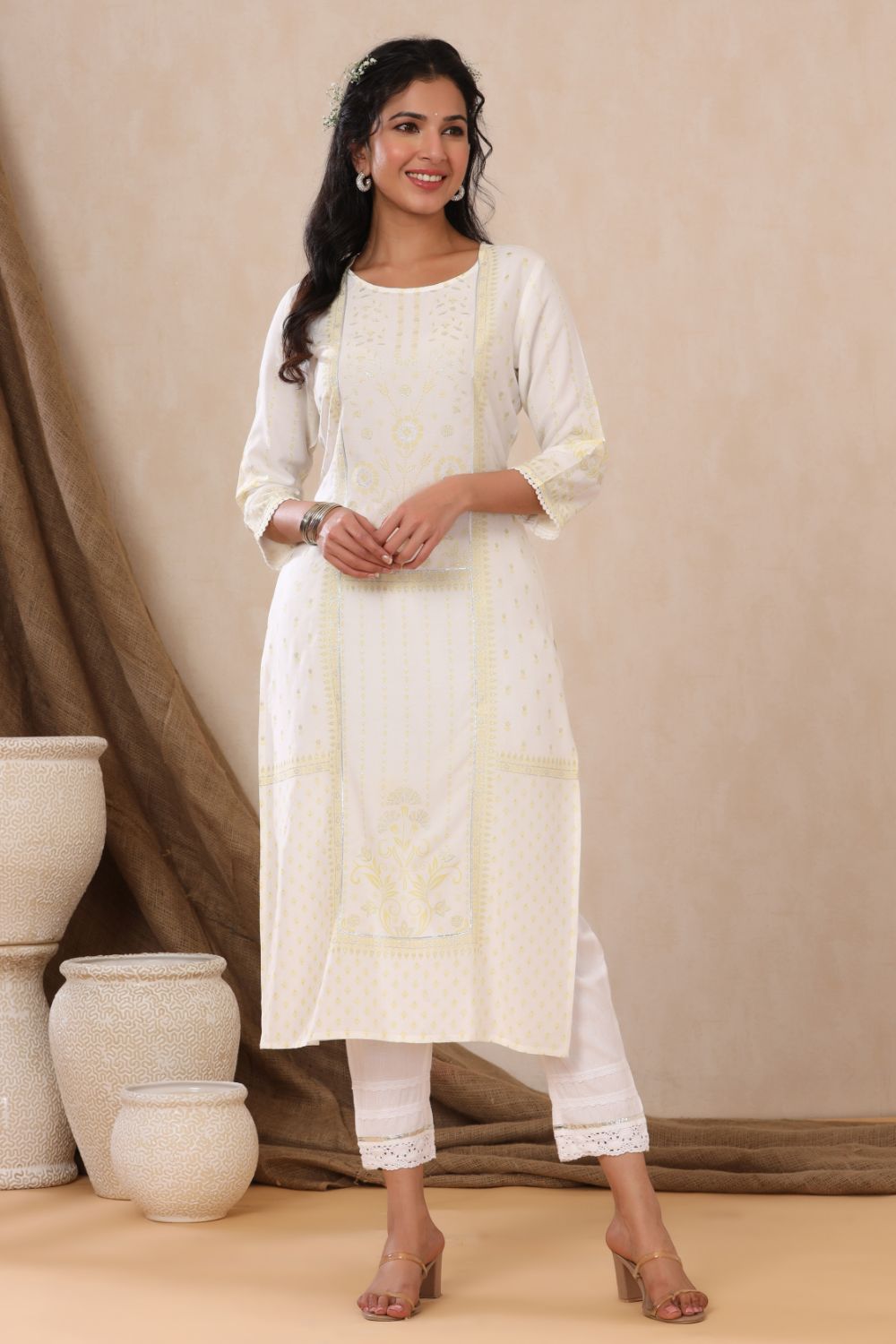 Juniper Womens Off White Rayon Placement Printed Straight Kurta - Distacart