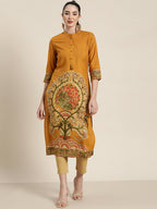 Juniper Mustard Ethnic Motif Printed Rayon Straight Kurta With Buttons & Tassels