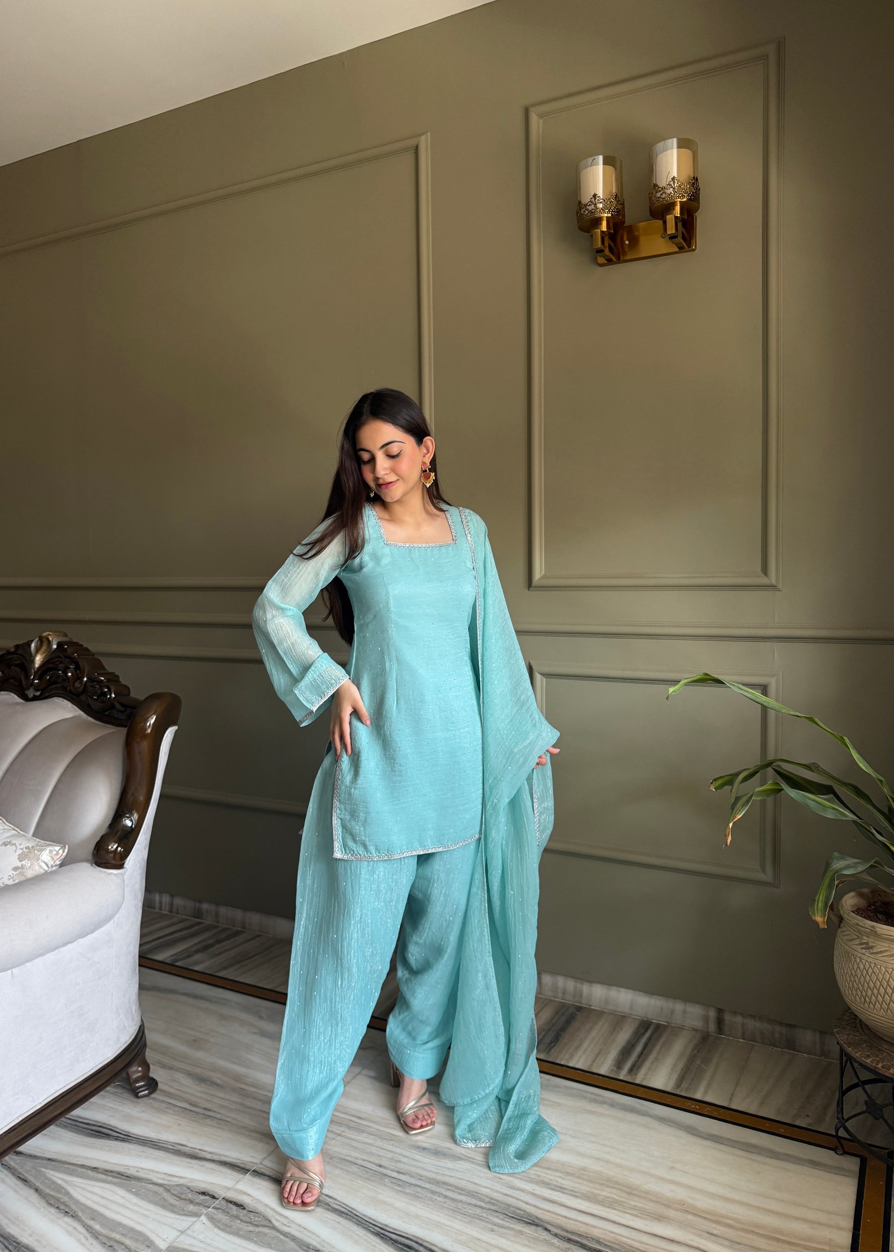 Lorenvalley Fashion Skyblue Crunchy Silk with Siroski Work with Fancy Lace Work Kurta Salwar with Dupatta - Distacart