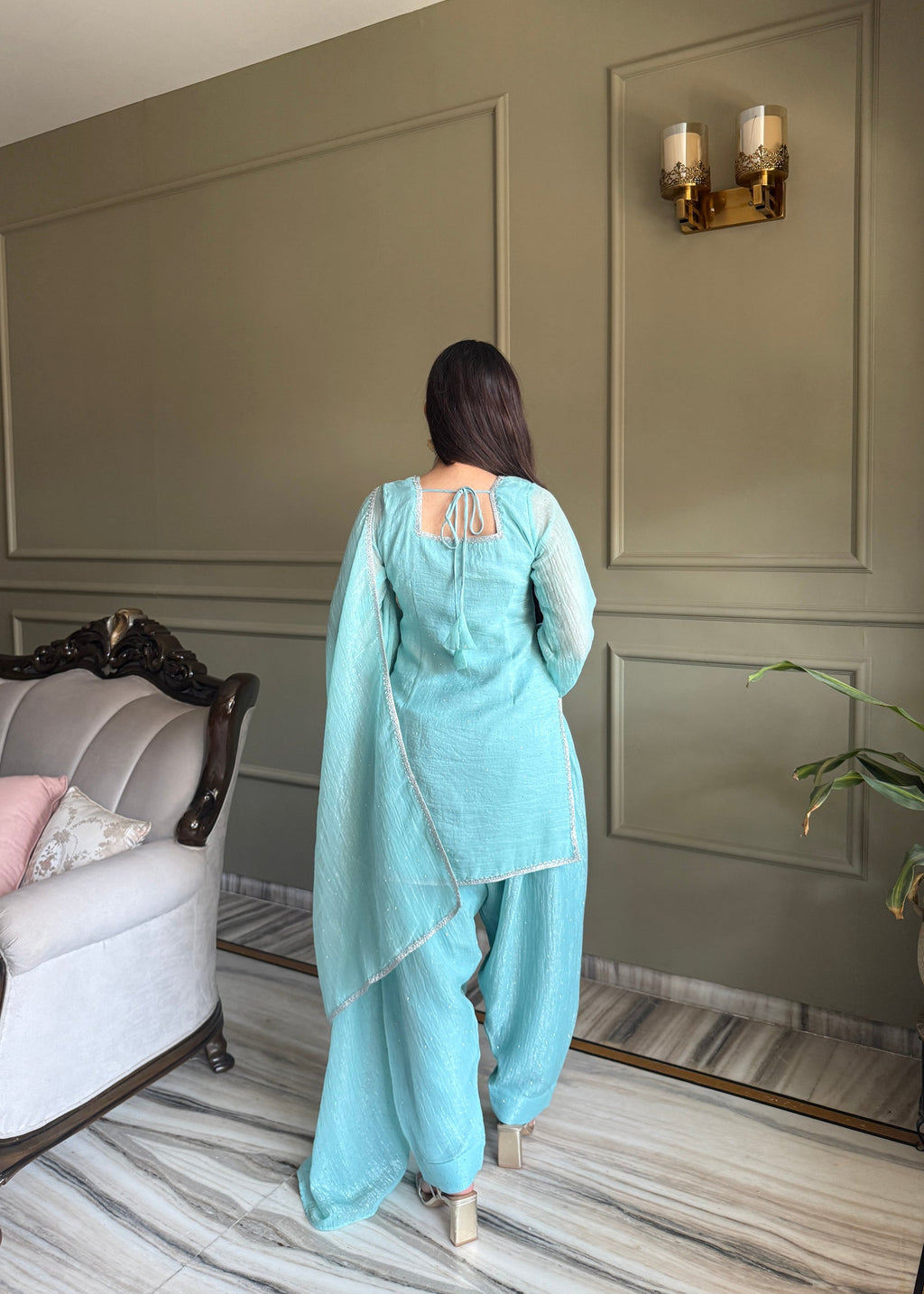 Lorenvalley Fashion Skyblue Crunchy Silk with Siroski Work with Fancy Lace Work Kurta Salwar with Dupatta - Distacart