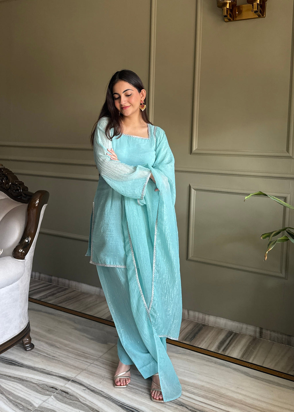 Lorenvalley Fashion Skyblue Crunchy Silk with Siroski Work with Fancy Lace Work Kurta Salwar with Dupatta - Distacart