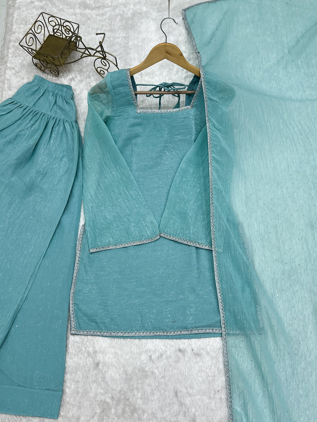 Lorenvalley Fashion Skyblue Crunchy Silk with Siroski Work with Fancy Lace Work Kurta Salwar with Dupatta - Distacart