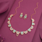 Tehzeeb Creations Gold Pleate Sky Blue Choker Necklace With Stud