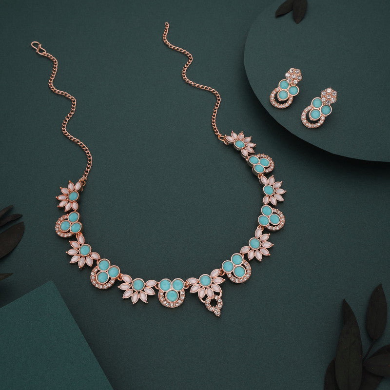 Tehzeeb Creations Gold Pleate Sky Blue Choker Necklace With Stud