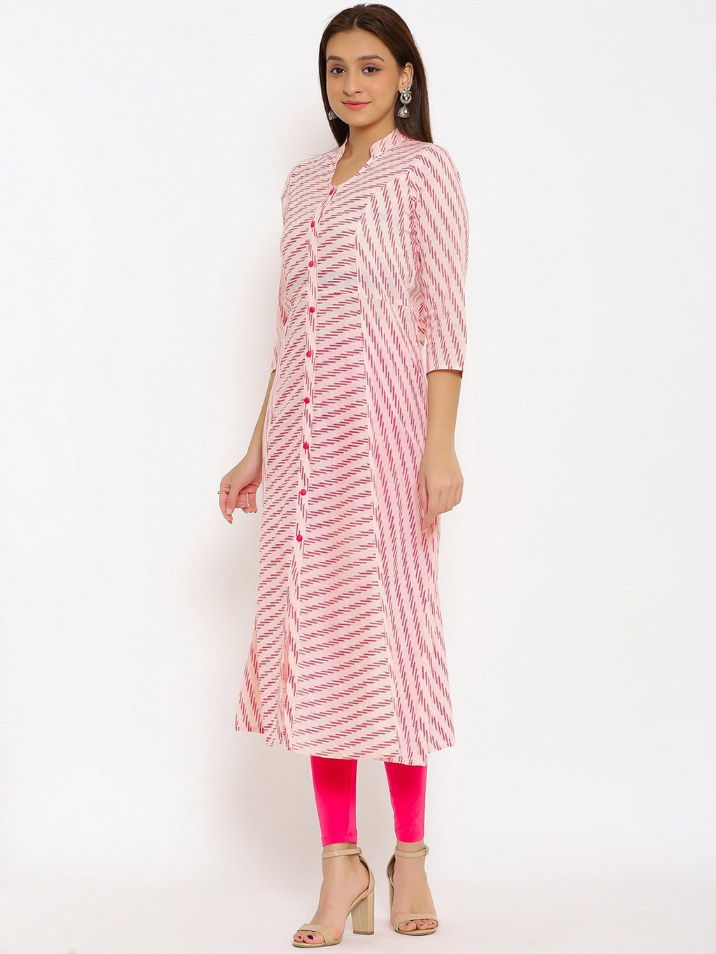 HERE&NOW Pink Mandarin Collar Striped A-Line Kurta