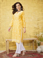 ADA Women Yellow & White Chikankari Embroidered Straight Sustainable Handloom Kurta