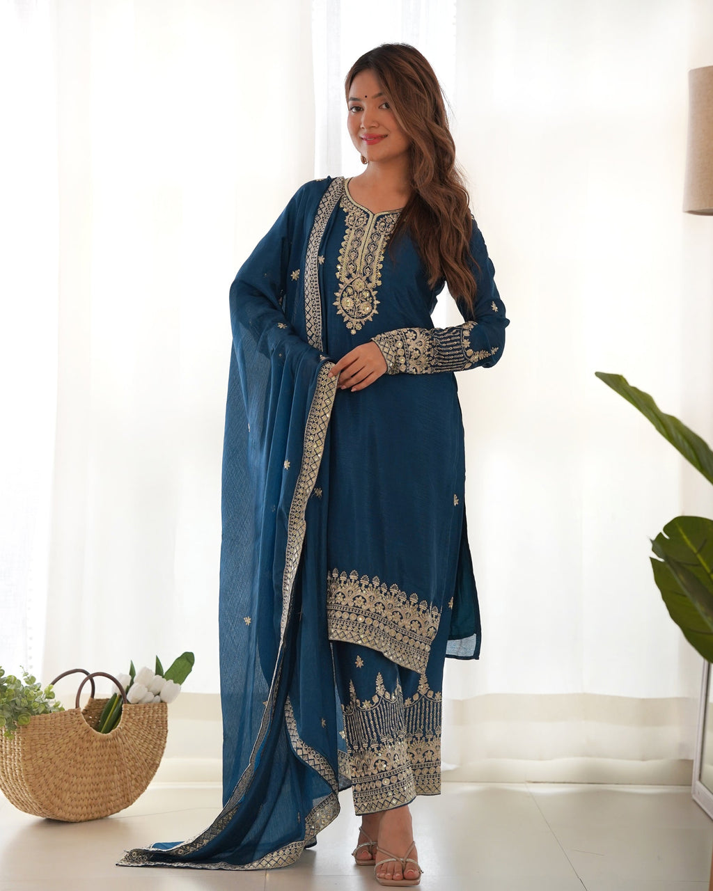 Lorenvalley Fashion Teal Chinon Silk Fabric With Beautiful Embroidery Sequence, Jari Work Kurta Pant with Dupatta - Distacart
