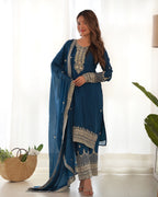 Lorenvalley Fashion Teal Chinon Silk Fabric With Beautiful Embroidery Sequence, Jari Work Kurta Pant with Dupatta - Distacart