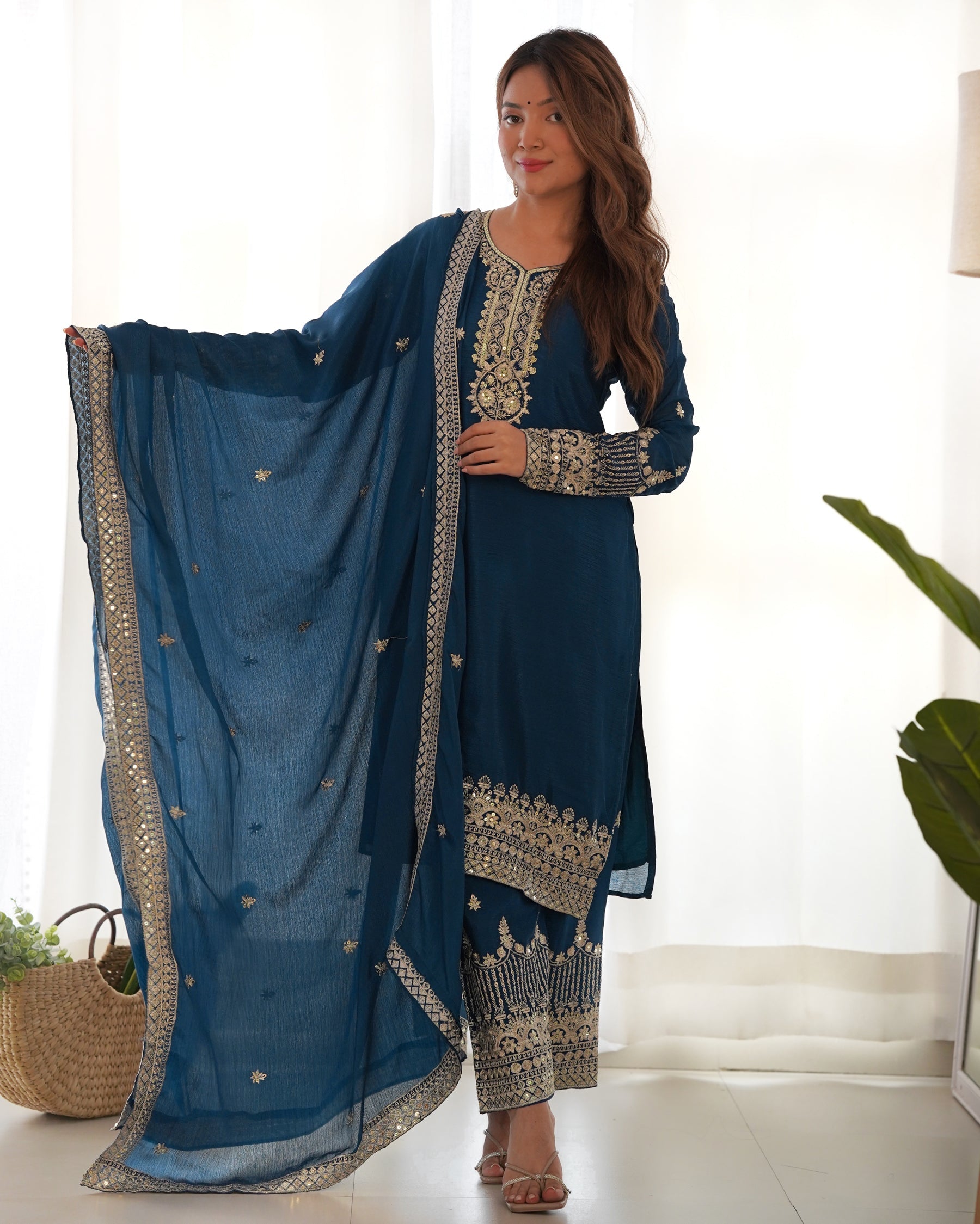 Lorenvalley Fashion Teal Chinon Silk Fabric With Beautiful Embroidery Sequence, Jari Work Kurta Pant with Dupatta - Distacart
