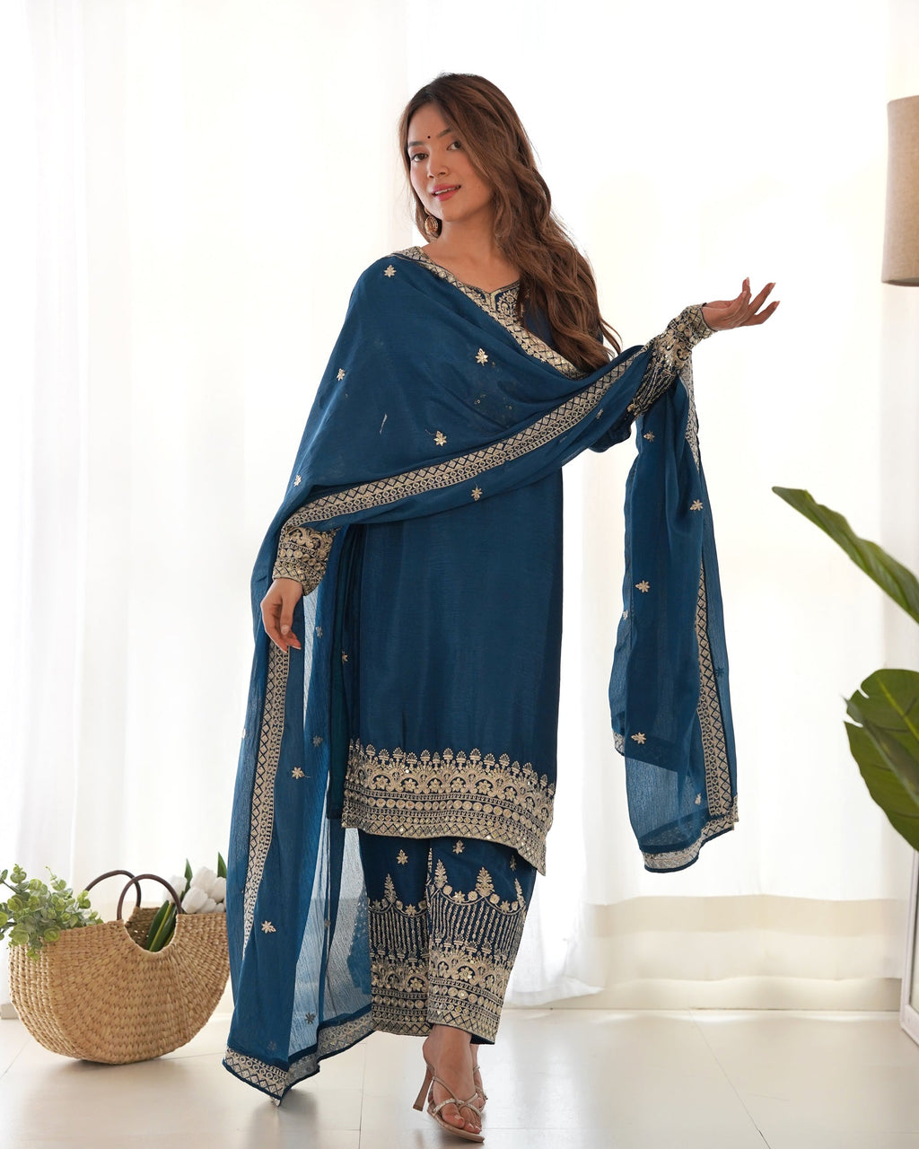 Lorenvalley Fashion Teal Chinon Silk Fabric With Beautiful Embroidery Sequence, Jari Work Kurta Pant with Dupatta - Distacart