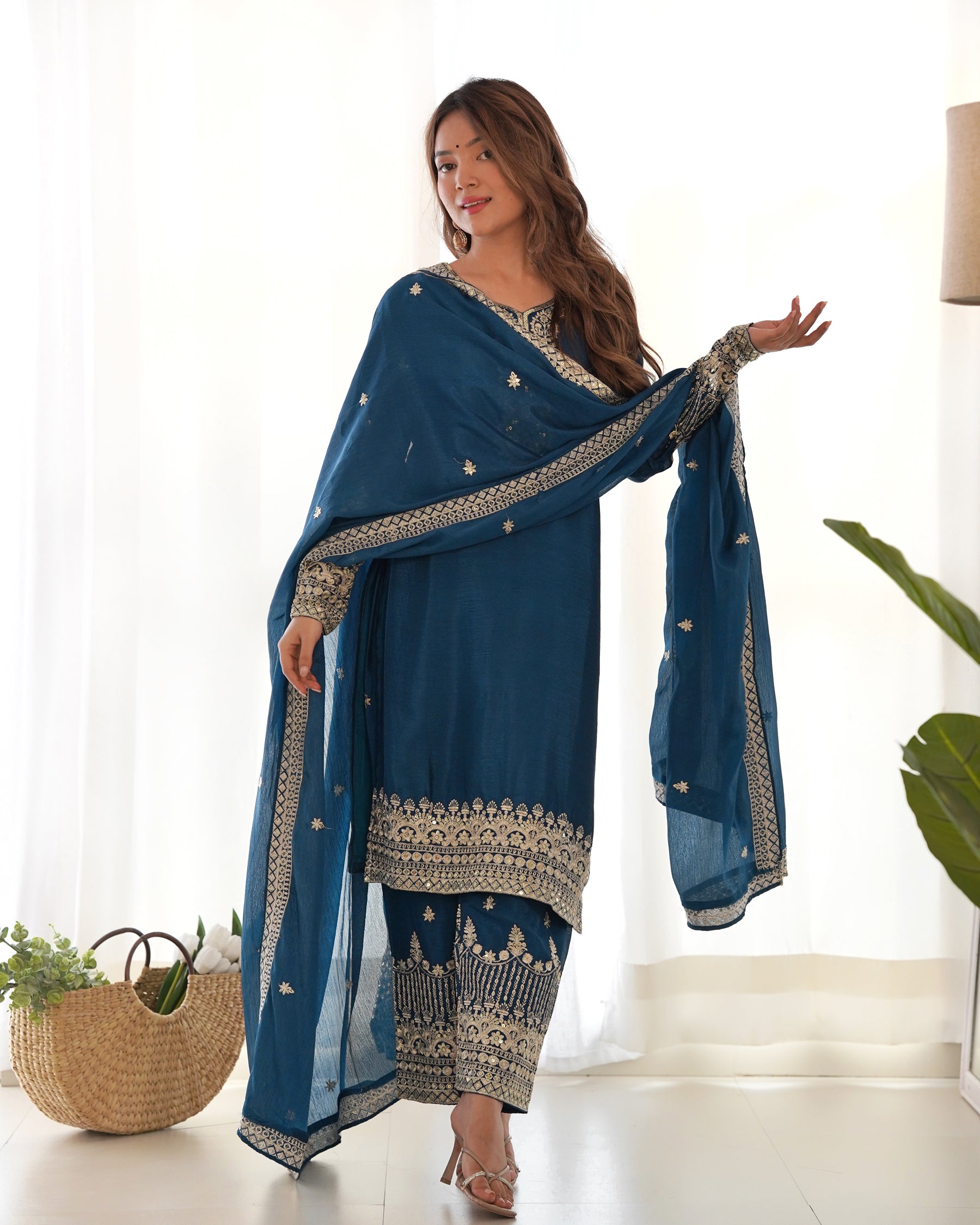 Lorenvalley Fashion Teal Chinon Silk Fabric With Beautiful Embroidery Sequence, Jari Work Kurta Pant with Dupatta - Distacart