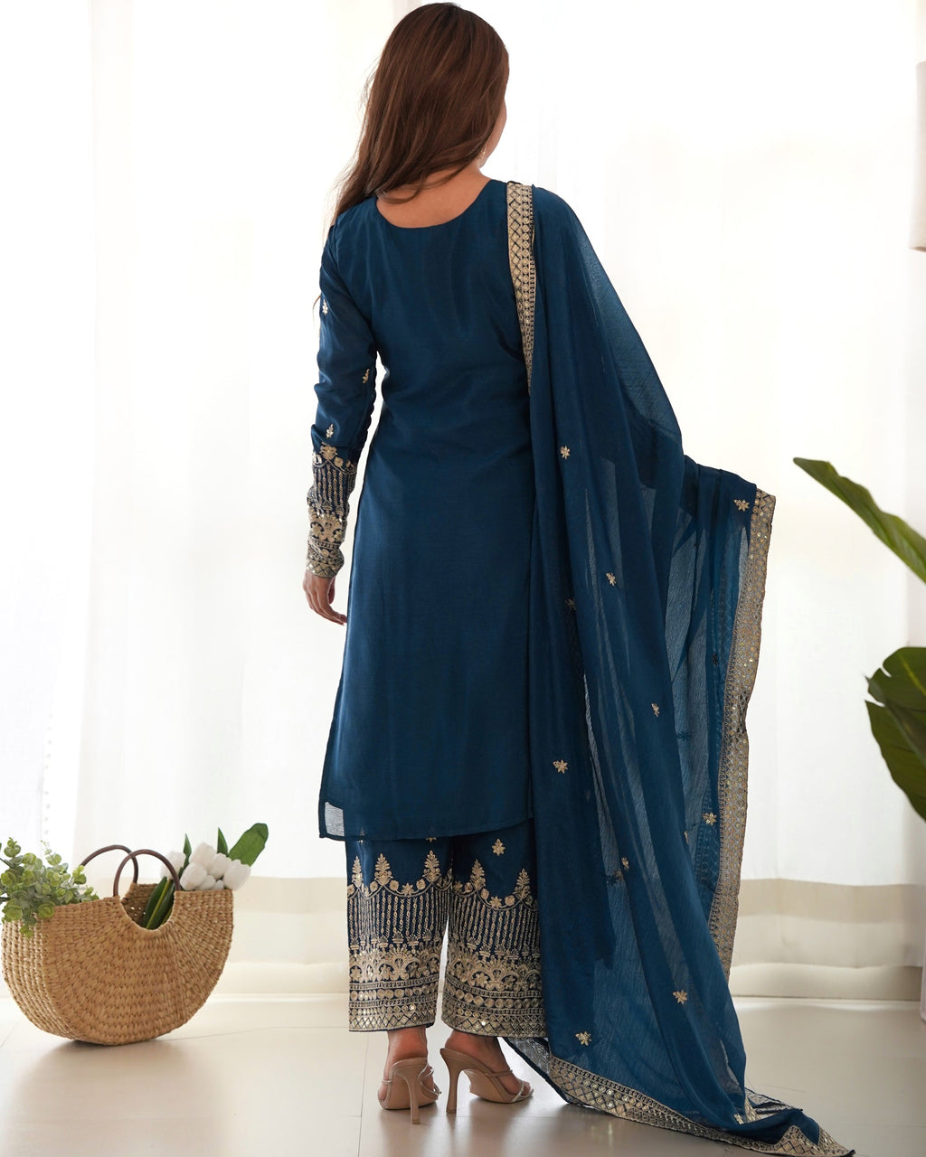 Lorenvalley Fashion Teal Chinon Silk Fabric With Beautiful Embroidery Sequence, Jari Work Kurta Pant with Dupatta - Distacart