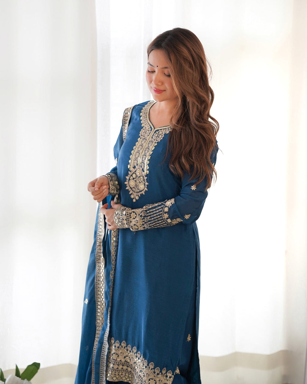 Lorenvalley Fashion Teal Chinon Silk Fabric With Beautiful Embroidery Sequence, Jari Work Kurta Pant with Dupatta - Distacart