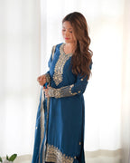Lorenvalley Fashion Teal Chinon Silk Fabric With Beautiful Embroidery Sequence, Jari Work Kurta Pant with Dupatta - Distacart