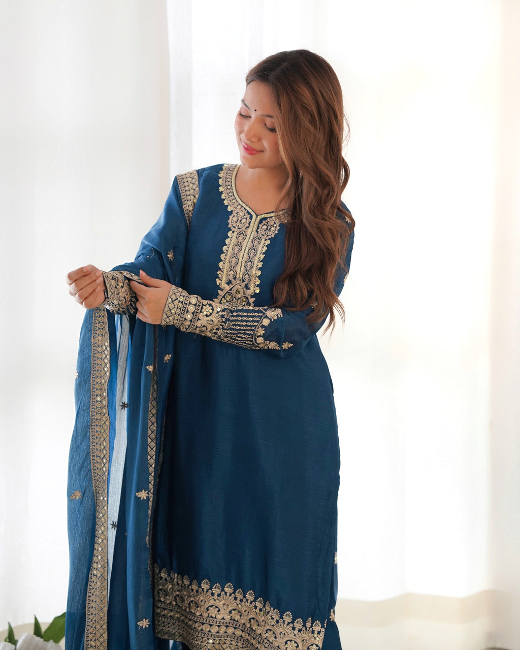 Lorenvalley Fashion Teal Chinon Silk Fabric With Beautiful Embroidery Sequence, Jari Work Kurta Pant with Dupatta - Distacart