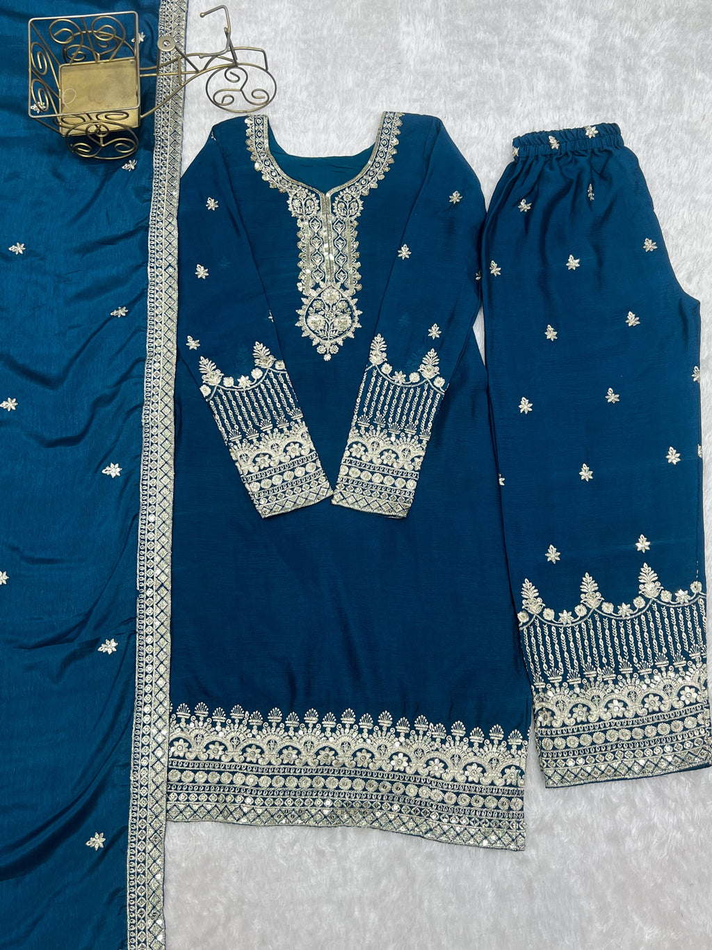 Lorenvalley Fashion Teal Chinon Silk Fabric With Beautiful Embroidery Sequence, Jari Work Kurta Pant with Dupatta - Distacart