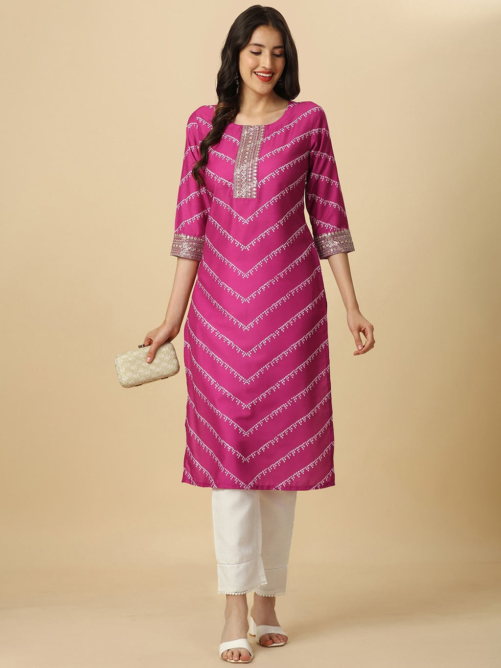 HERE&NOW Pink & White Bandhani Printed Sequinned Straight Kurta