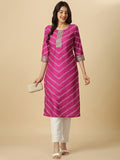 HERE&NOW Pink & White Bandhani Printed Sequinned Straight Kurta