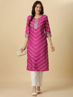 HERE&NOW Pink & White Bandhani Printed Sequinned Straight Kurta