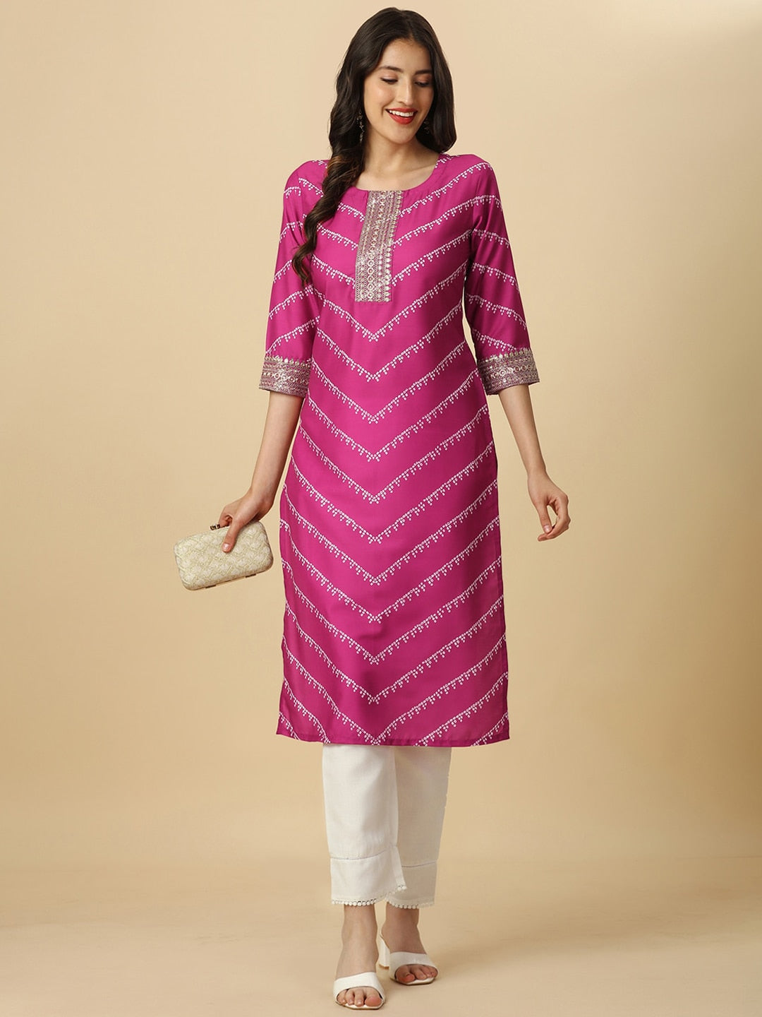 HERE&NOW Pink & White Bandhani Printed Sequinned Straight Kurta