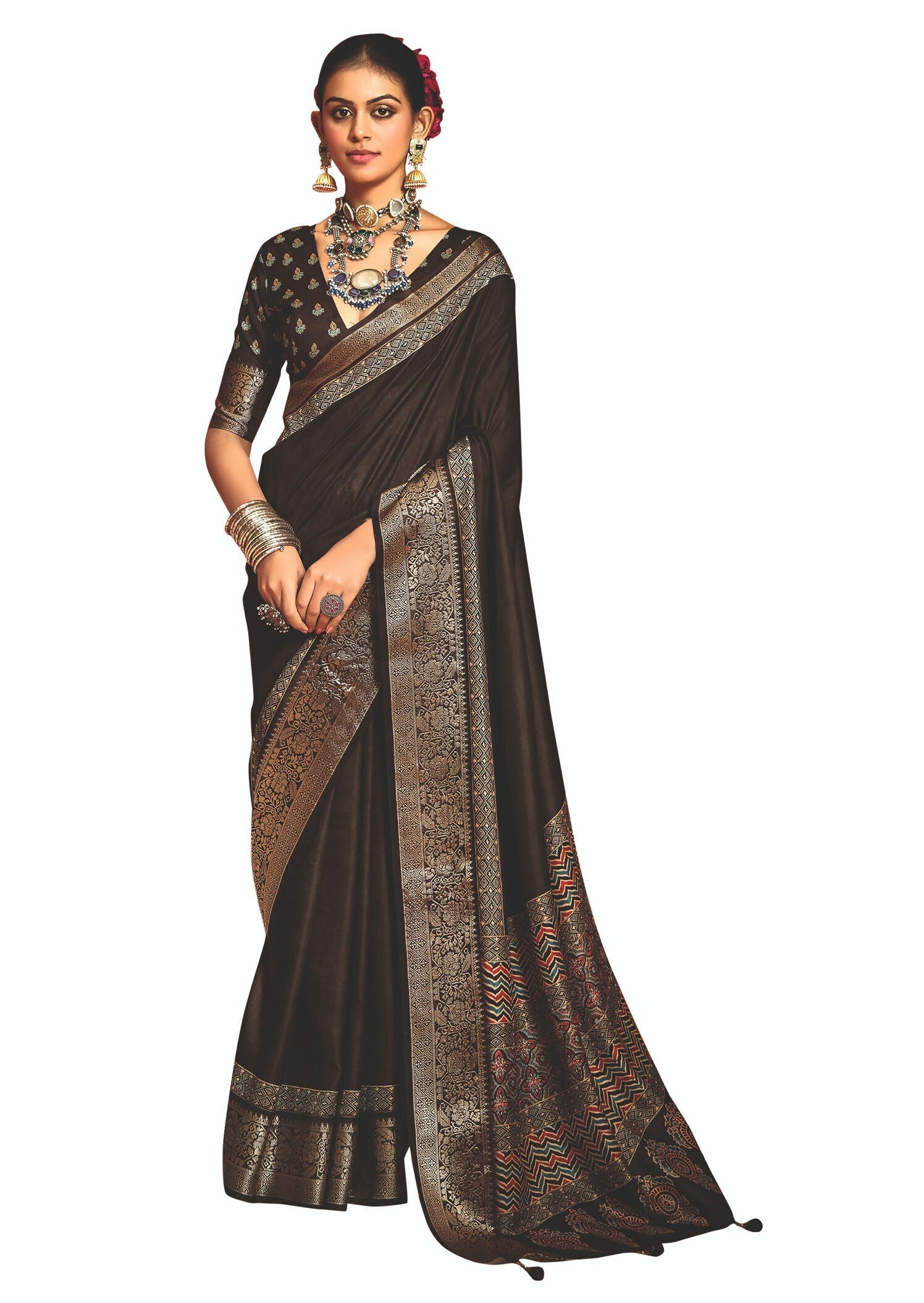Joban Fashion Brown Art Silk With Fine Viscose Border Ajrak Full Body Print With Soft Finish Saree - Distacart