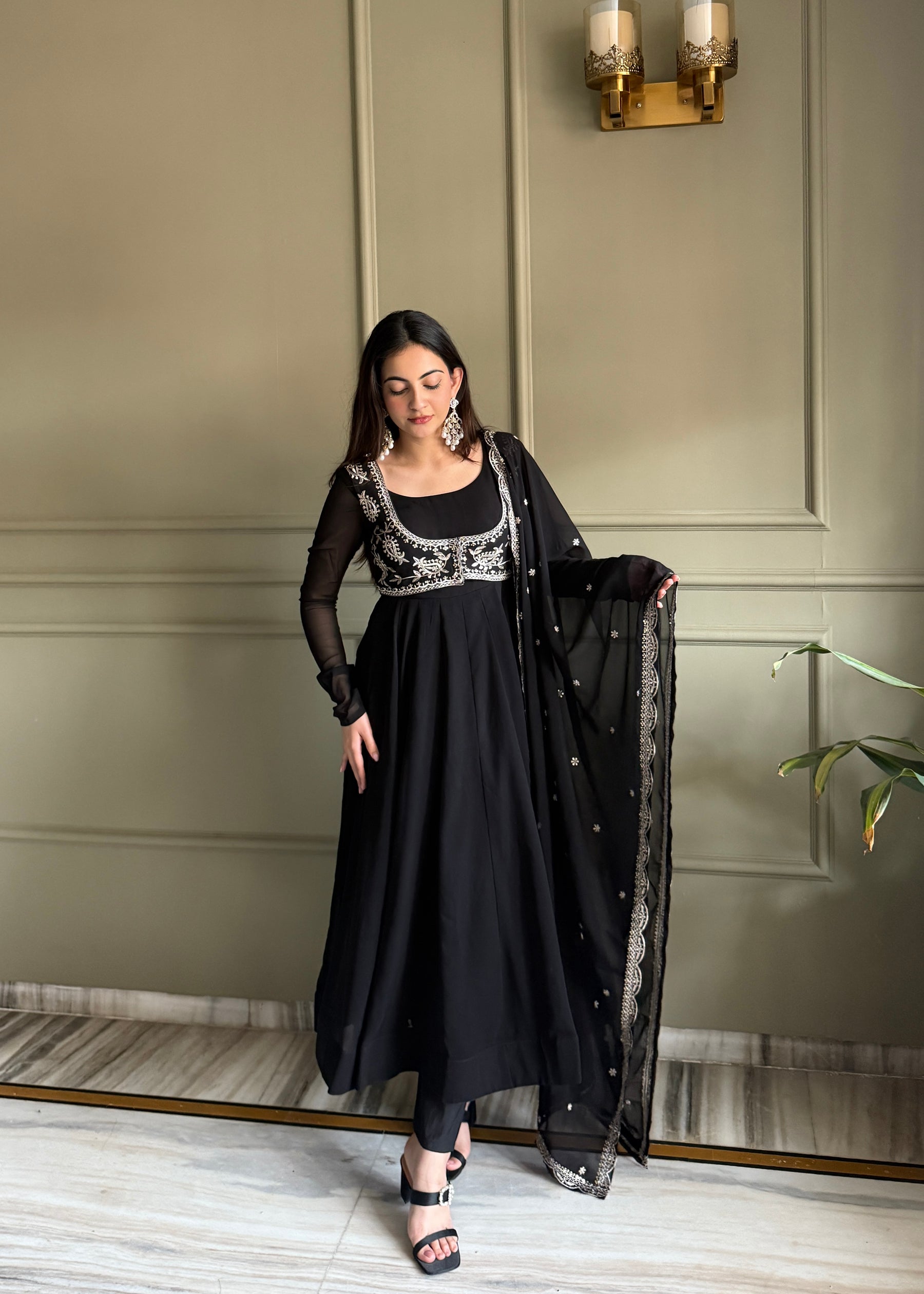 Lorenvalley Fashion Black Faux Georgette Yoke Fancy Work Koti 16 Kali Anarkali Gown Pant with Dupatta - Distacart