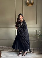 Lorenvalley Fashion Black Faux Georgette Yoke Fancy Work Koti 16 Kali Anarkali Gown Pant with Dupatta - Distacart