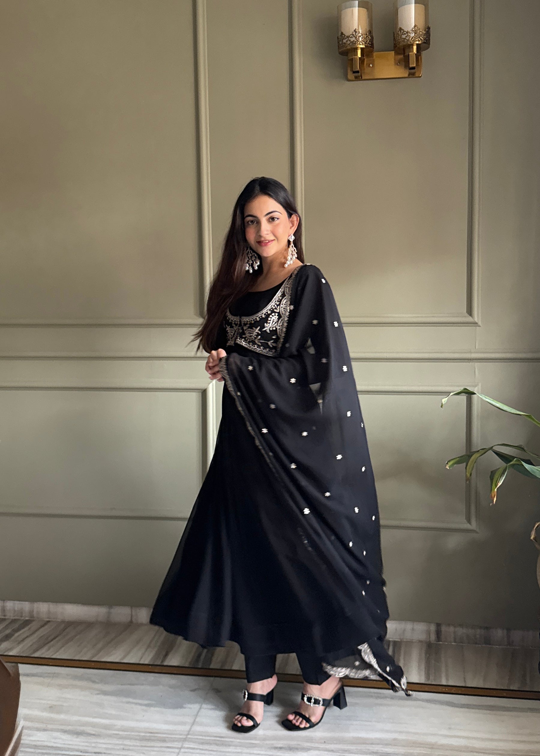 Lorenvalley Fashion Black Faux Georgette Yoke Fancy Work Koti 16 Kali Anarkali Gown Pant with Dupatta - Distacart