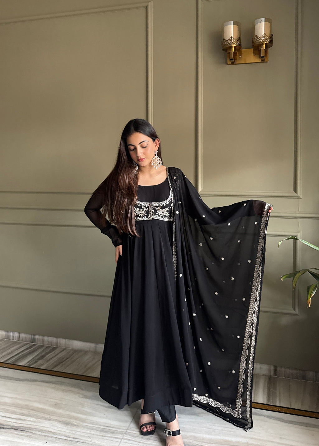 Lorenvalley Fashion Black Faux Georgette Yoke Fancy Work Koti 16 Kali Anarkali Gown Pant with Dupatta - Distacart