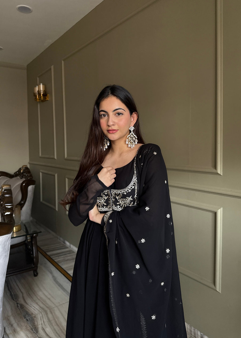 Lorenvalley Fashion Black Faux Georgette Yoke Fancy Work Koti 16 Kali Anarkali Gown Pant with Dupatta - Distacart