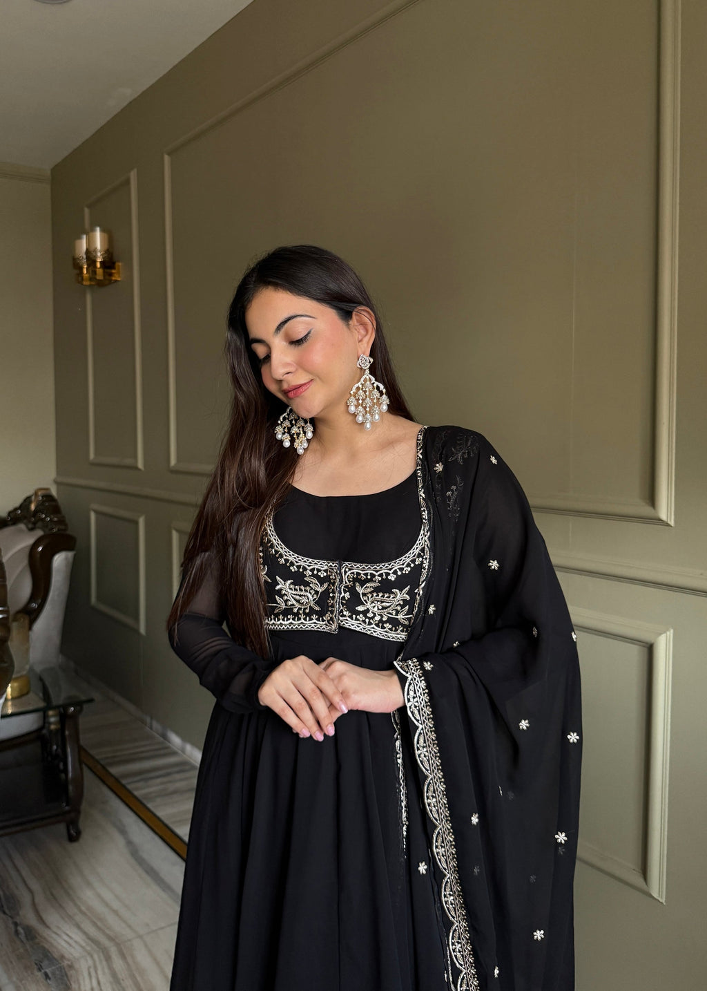 Lorenvalley Fashion Black Faux Georgette Yoke Fancy Work Koti 16 Kali Anarkali Gown Pant with Dupatta - Distacart