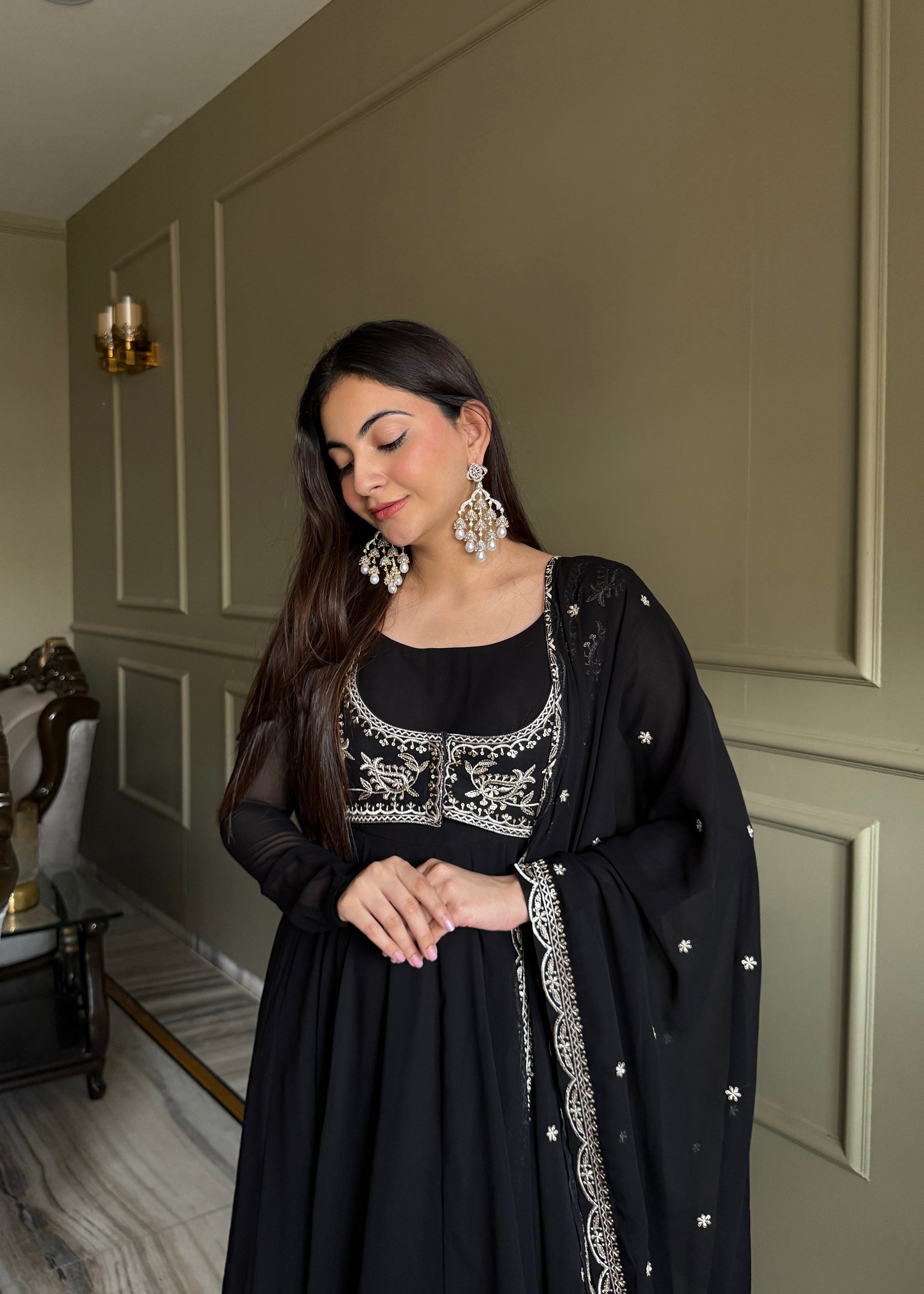 Lorenvalley Fashion Black Faux Georgette Yoke Fancy Work Koti 16 Kali Anarkali Gown Pant with Dupatta - Distacart