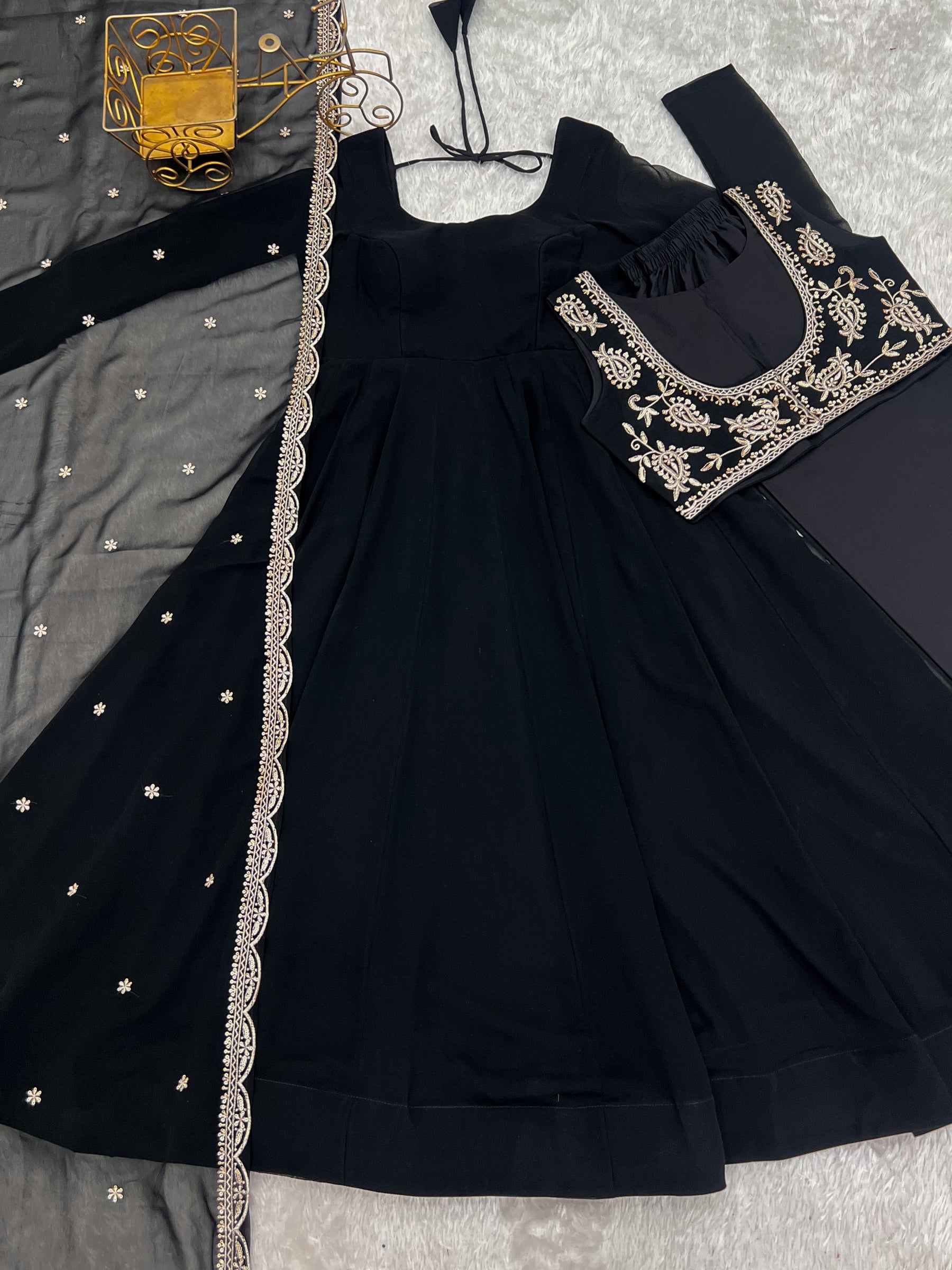 Lorenvalley Fashion Black Faux Georgette Yoke Fancy Work Koti 16 Kali Anarkali Gown Pant with Dupatta - Distacart